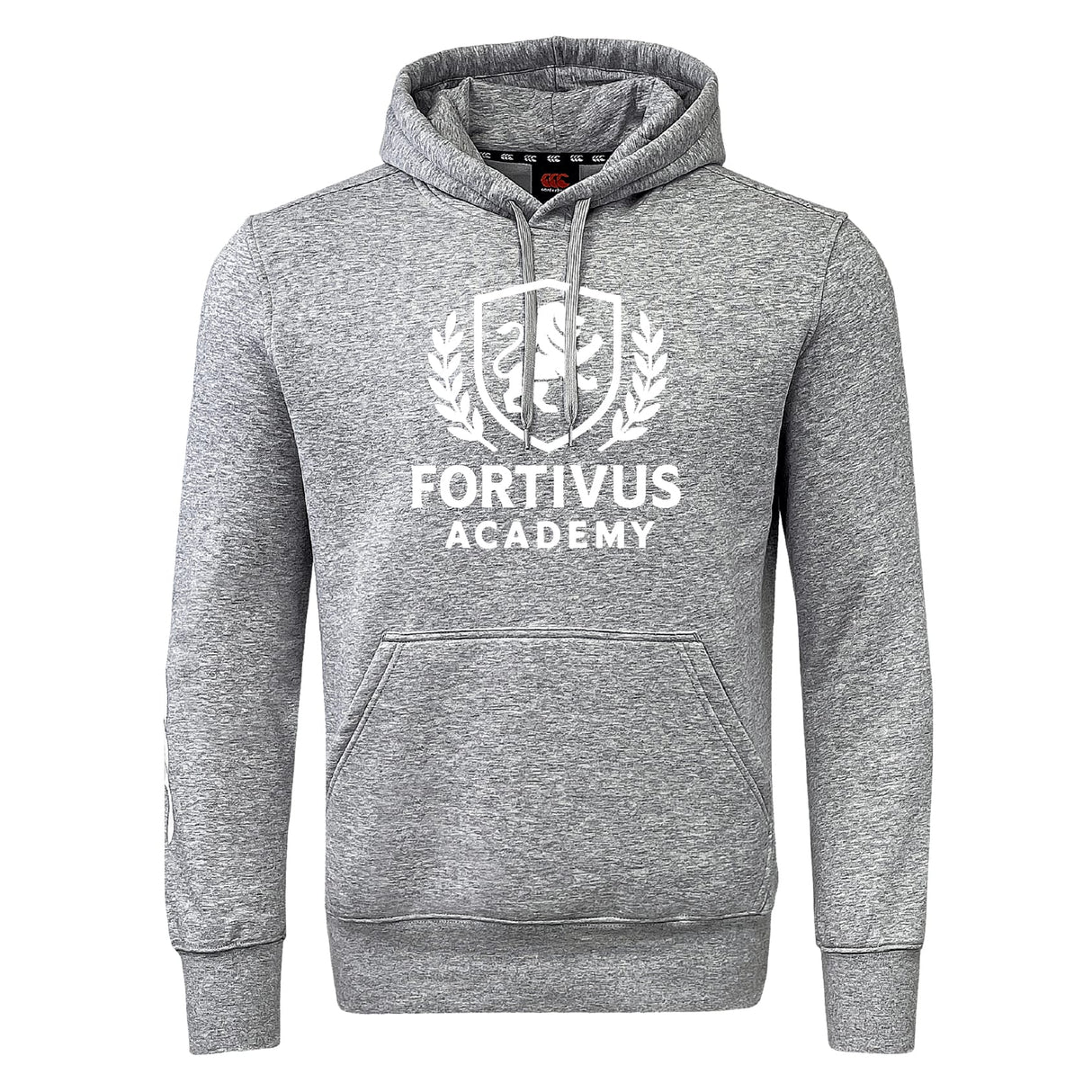 The Fortivus Academy Club Hoodie by Canterbury from WRS Canterbury is a grey, rugby-inspired hooded sweatshirt with a front pocket and "Fortivus Academy" plus crest logo printed in white on the chest.