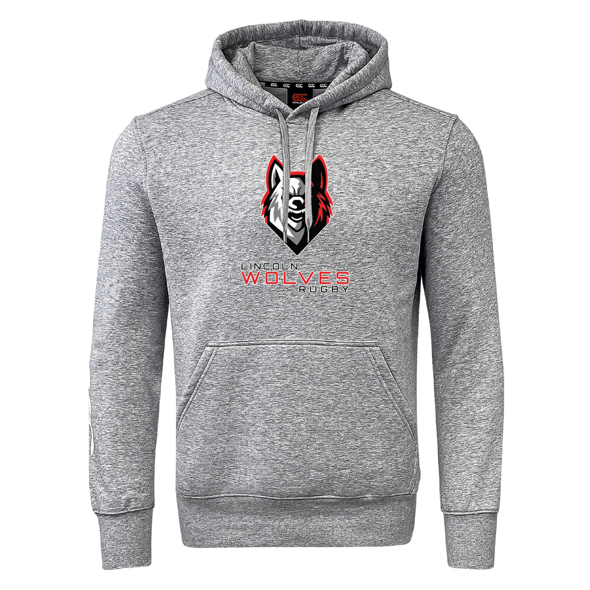 The Lincoln Wolves Club Hoodie by WRS Canterbury is a gray hooded sweatshirt with a front pocket and "Lincoln Wolves Rugby" wolf head logo—ideal as a custom team hoodie for any rugby club.