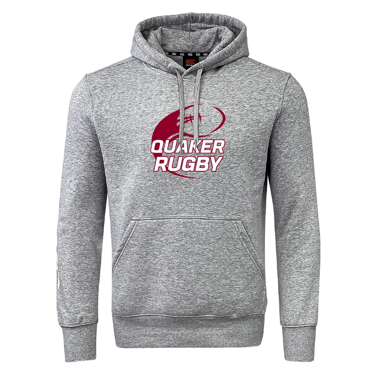 The Guilford College Club Hoodie by WRS Canterbury is a gray hoodie with a front pocket, and features a maroon and white "Quaker Rugby" logo with a rugby ball graphic on the chest.