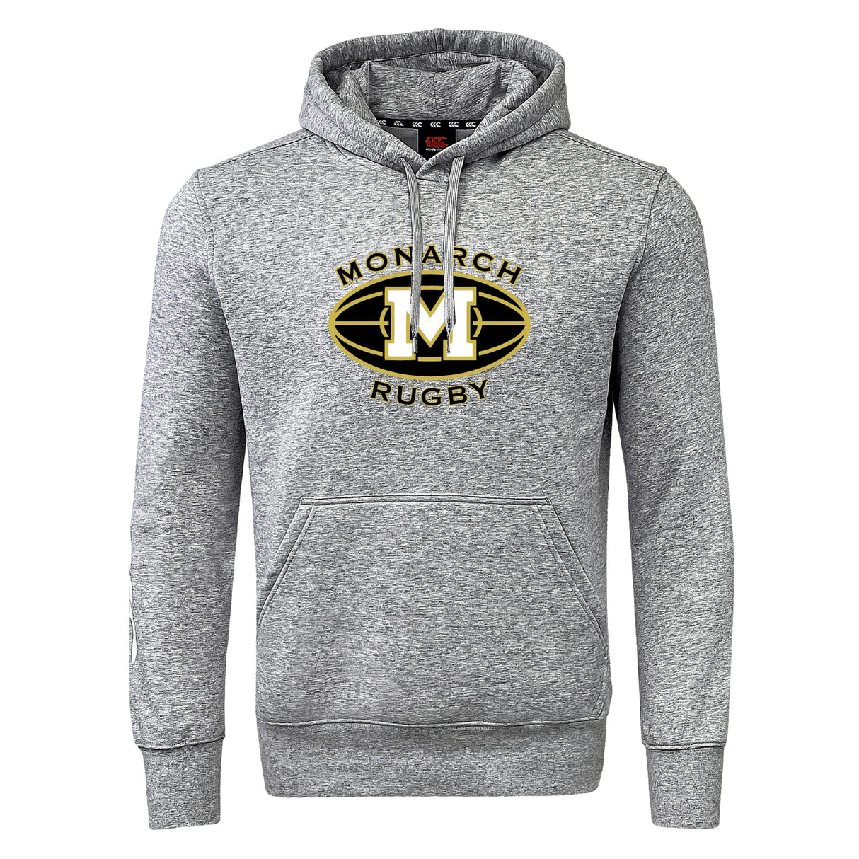 The Monarch Rugby Club Club Hoodie by WRS Canterbury is a gray hoodie with a front pocket, featuring "Monarch Rugby" and a large black-and-yellow "M" logo on the chest—perfect for any rugby fan’s collection.