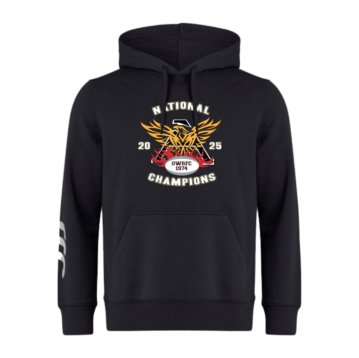 The Atlanta Old White Rugby Champs Club Hoodie by WRS Canterbury features a "NATIONAL CHAMPIONS 2025 OWRFC 1974" front graphic, stylized eagle and wings, and three white stripes on the left sleeve—perfect for your rugby club.
