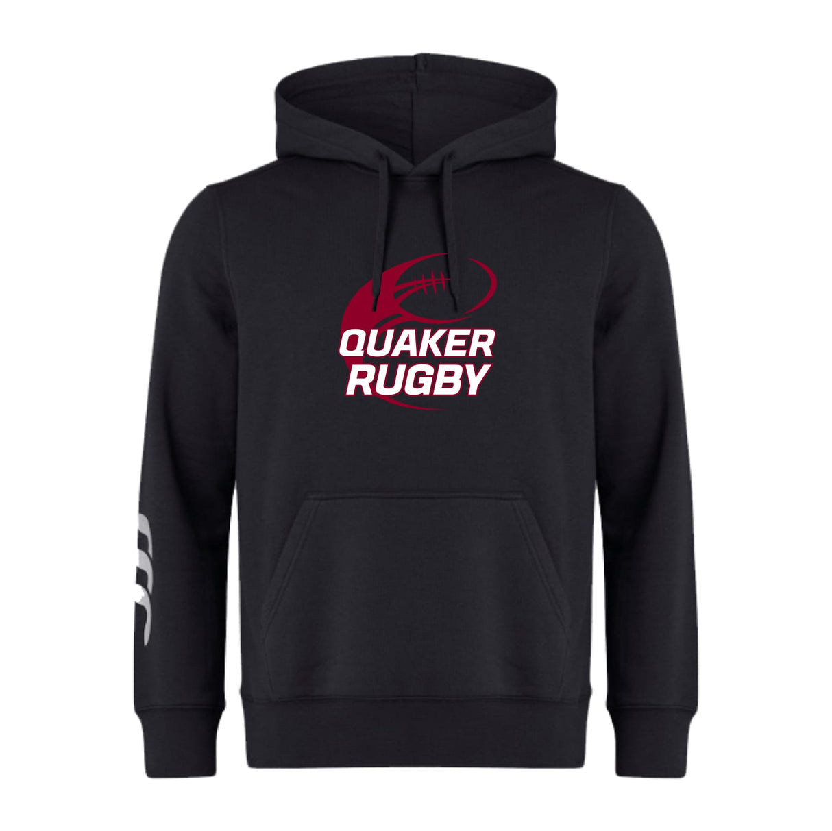 The Guilford College Club Hoodie by WRS Canterbury features a maroon rugby ball with "Quaker Rugby" on the chest and three white stripes on the right sleeve.