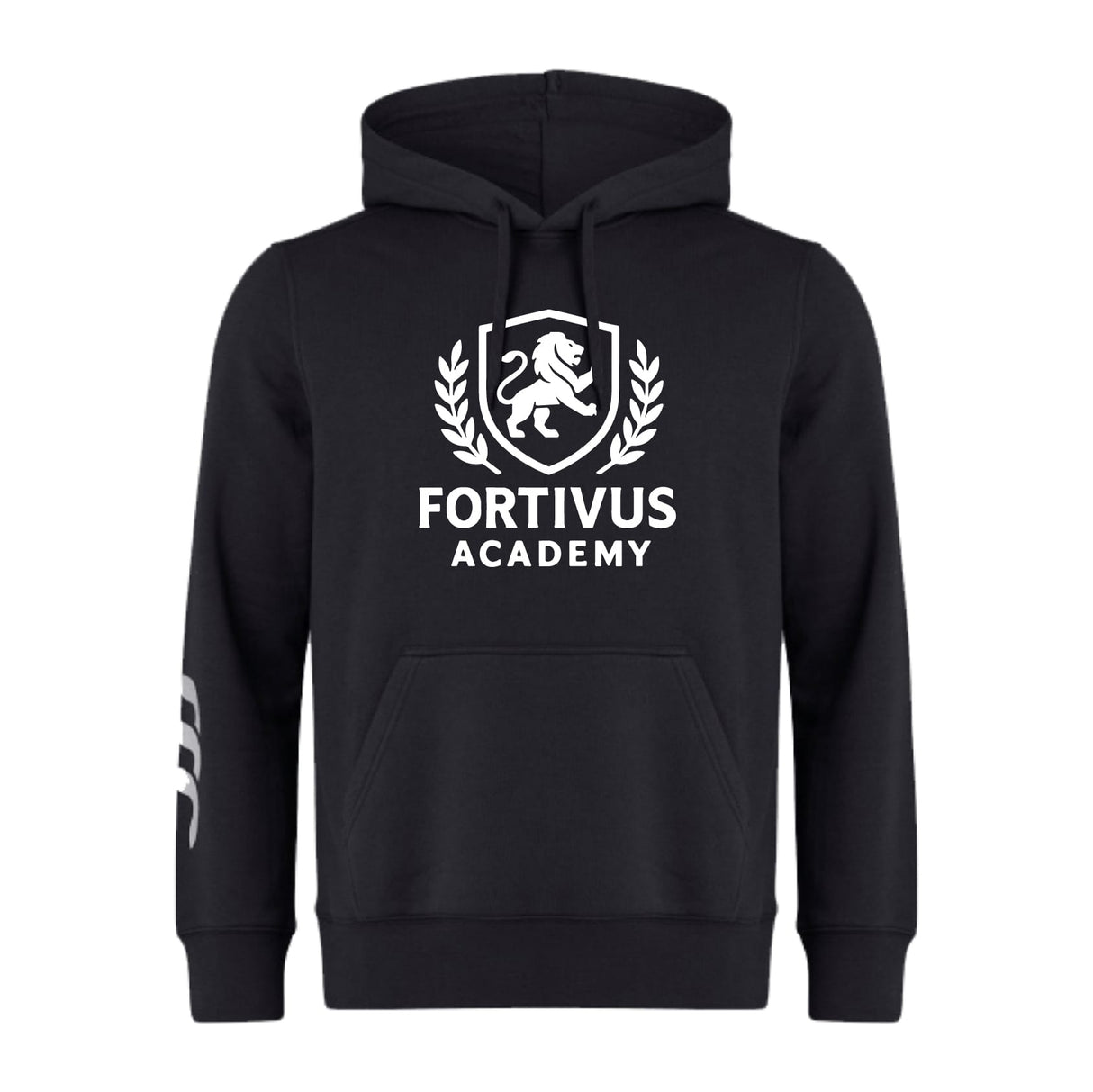 The Fortivus Academy Club Hoodie by Canterbury, from WRS Canterbury, is a black rugby hoodie with a front pocket and hood, featuring a white "Fortivus Academy" lion and laurel wreath logo on the chest.