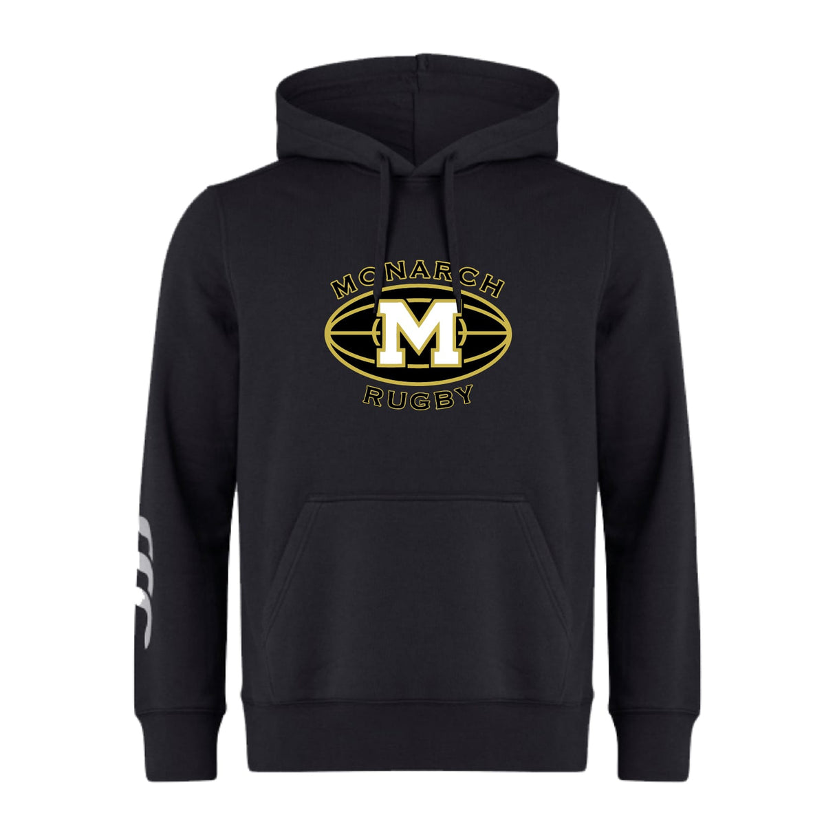 The Monarch Rugby Club Club Hoodie by WRS Canterbury features "Monarch Rugby" text, a bold "M" chest logo, front pocket, and white stripe on the left sleeve—perfect for showing your rugby pride.