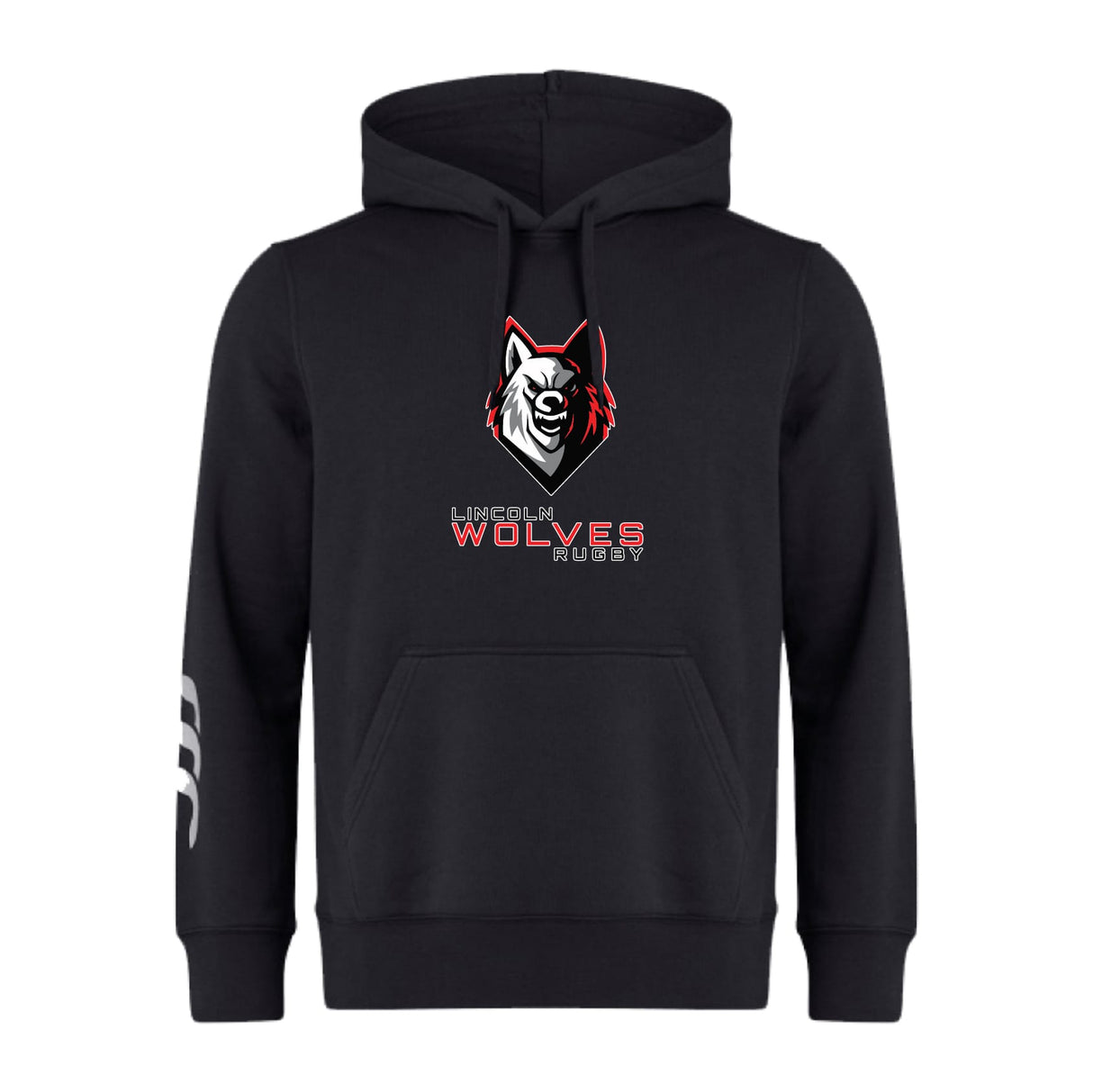 The Lincoln Wolves Club Hoodie by WRS Canterbury features a wolves head logo and "Lincoln Wolves Rugby" text on the chest, plus white claw marks on the left sleeve—perfect for any rugby club hoodie collection.