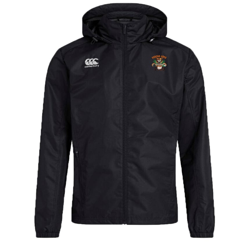 The EMB Canterbury Verona Area Rugby Club Vaposhield Stadium Jacket is a black hooded jacket with a Canterbury logo on the right and a colorful emblem on the left chest. It features VapoShield technology for water repellency and has a zipped front with two side pockets for practical style.