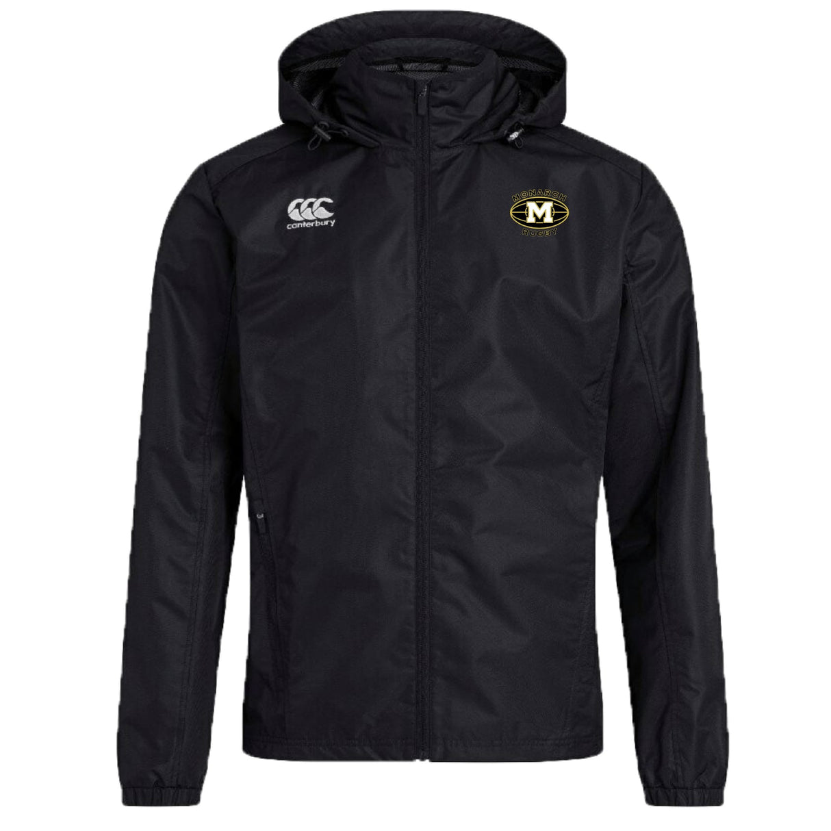 The Monarch Rugby Club VapoShield Full Zip Rain Jacket by EMB Canterbury is black with a front zipper, white Canterbury logo on the right chest, gold and black "M" emblem on the left, and features water resistant VapoShield technology.