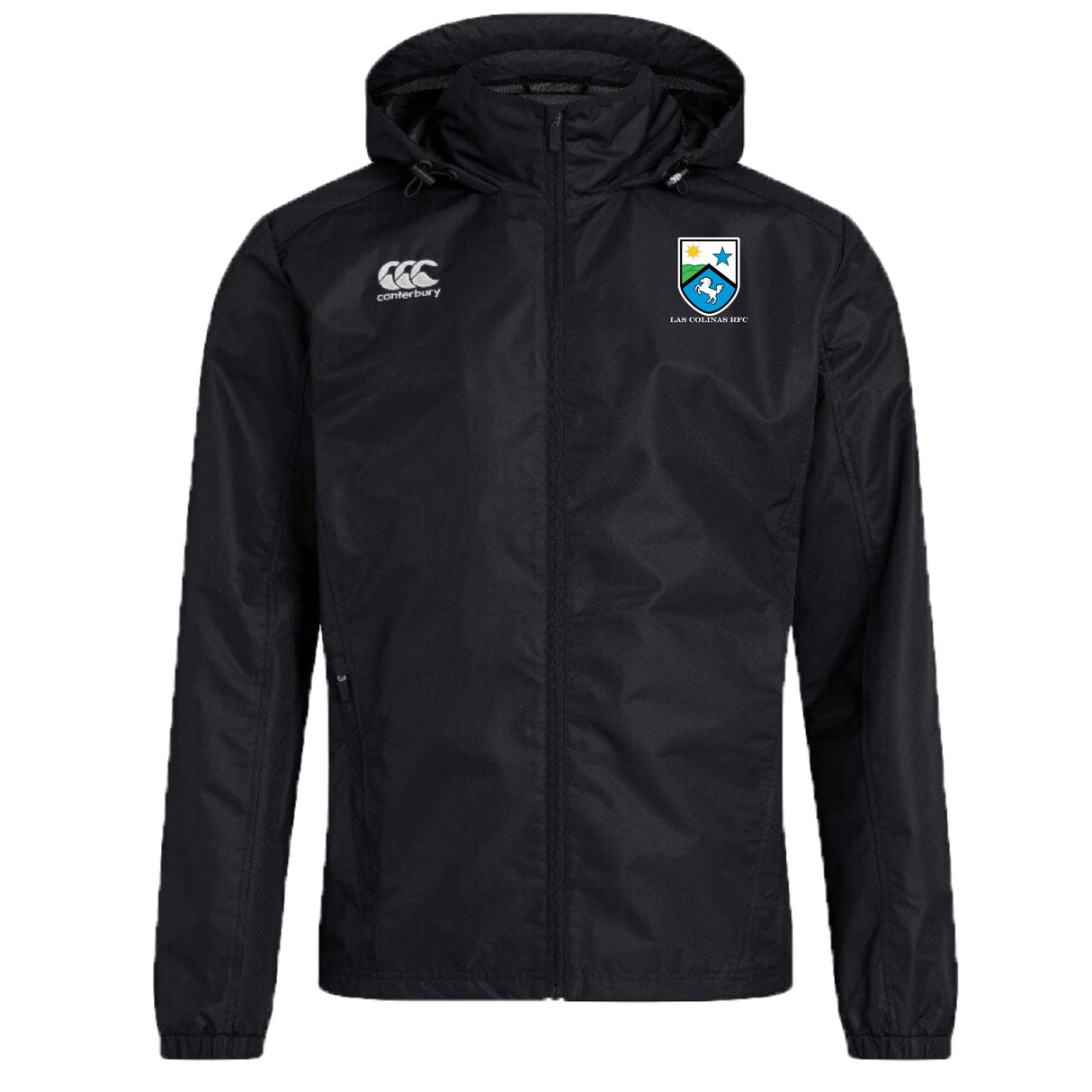 The Las Colinas Rugby Club Vaposhield Full Zip Rain Jacket by EMB Canterbury is a black, water-resistant hooded jacket with VapoShield tech, the Canterbury logo on the right chest, and a blue and yellow shield emblem on the left.