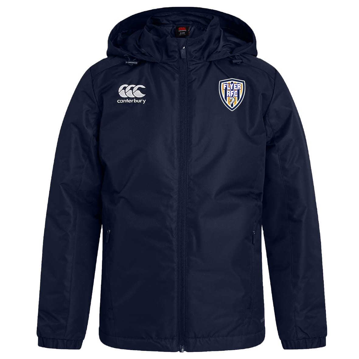 Stay dry on game day with the Franklin County High School Rugby Club Vaposhield Stadium Jacket by EMB Canterbury—navy blue, water repellent, with front zipper, Canterbury logo on right chest, and club crest on left.