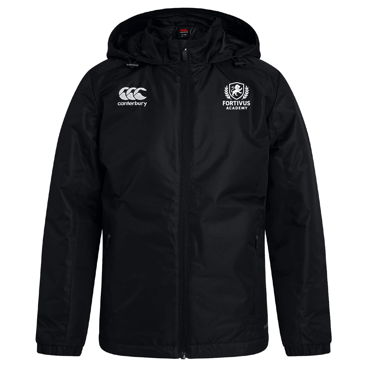The Fortivus Academy Club Vaposhield Stadium Jacket by EMB Canterbury features a black hood, front zipper, Canterbury logo on the right chest, Fortivus Academy crest on the left chest, and padded insulation for warmth.