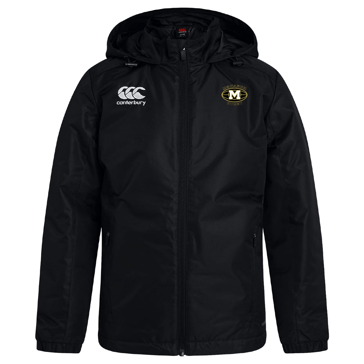 The Monarch Rugby Club Vaposhield Stadium Jacket by EMB Canterbury features a black hood, front zipper, padded insulation, "Canterbury" logo on the right chest, and an "M" crest patch on the left.
