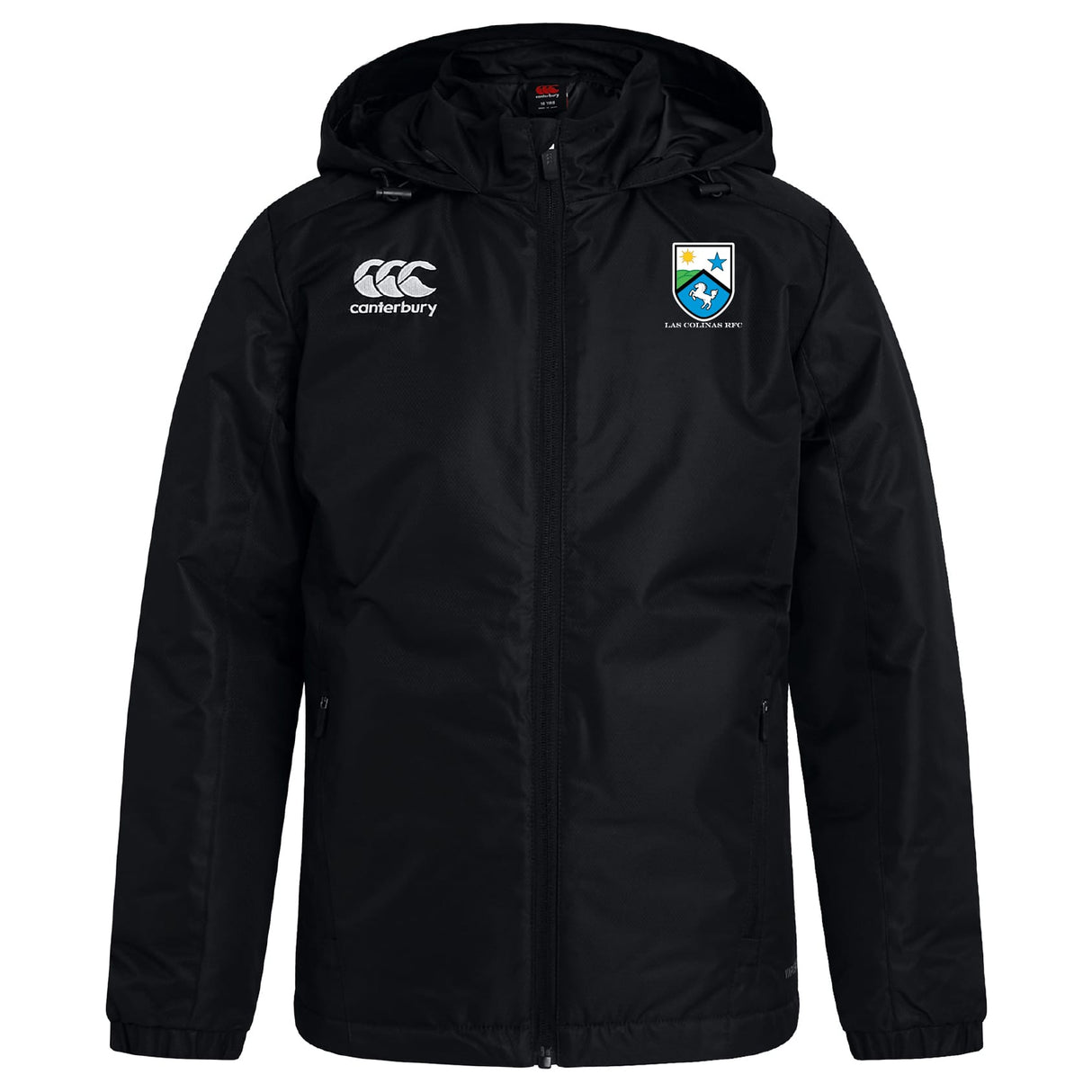 The Las Colinas Rugby Club Vaposhield Stadium Jacket by EMB Canterbury features a black hood, zip front, padded insulation, Canterbury logo on the right chest, and a shield crest with star on the left.
