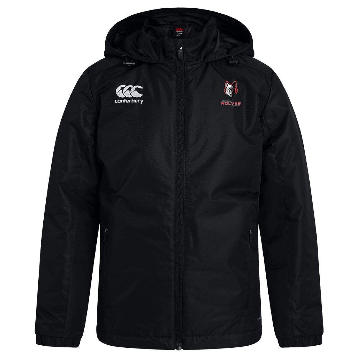 The Lincoln Wolves Club Vaposhield Stadium Jacket by EMB Canterbury is a black, zip-front rugby jacket with padded insulation, featuring the Canterbury logo and a "WOLVES" wolf head emblem on the chest.
