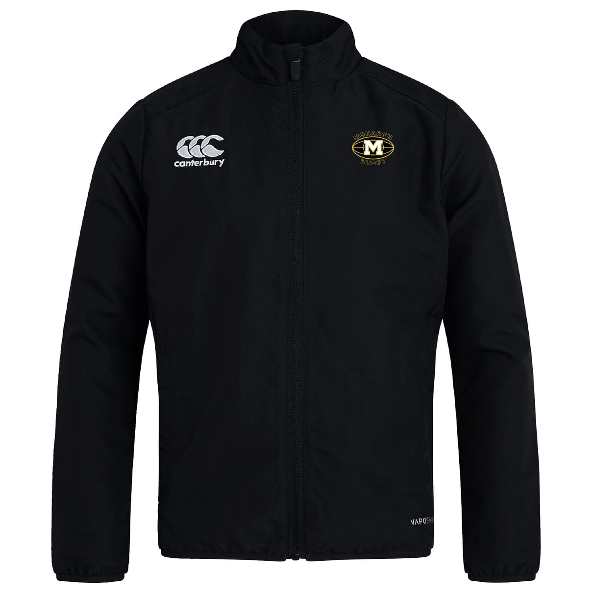 The Monarch Rugby Club Club Track Jacket by EMB Canterbury features a front zipper, the Canterbury logo on the right chest, and a yellow and black "M" badge on the left. This lightweight jacket is perfect for training or outdoor activities.