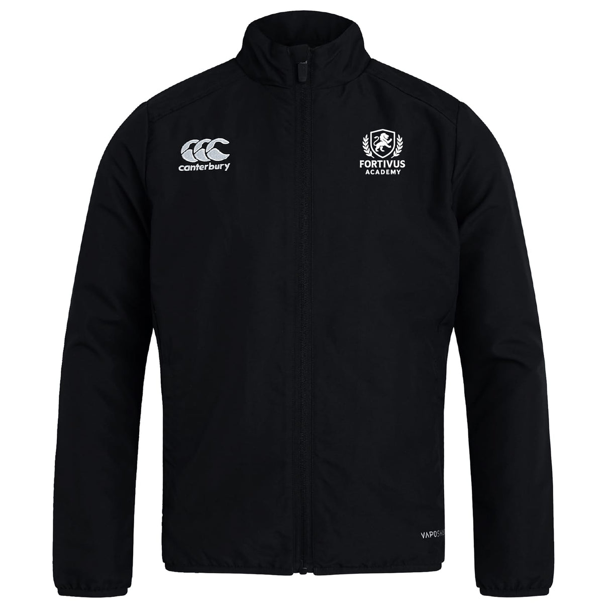 The Fortivus Academy Club Track Jacket by EMB Canterbury is black, lightweight, water repellent, and features the Canterbury logo on the left chest and the Fortivus Academy logo on the right.