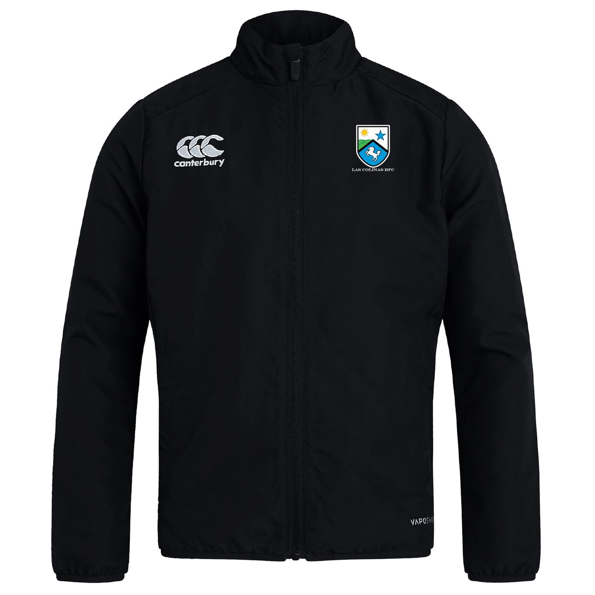 The Las Colinas Rugby Club Track Jacket by EMB Canterbury is a lightweight black jacket with a zipper, featuring a white Canterbury logo on the right chest and a blue and yellow crest on the left.