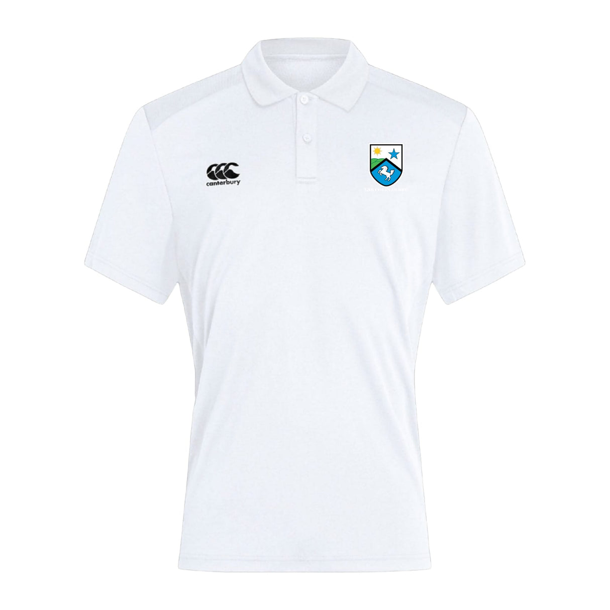 The Las Colinas Rugby Club Dry Polo by EMB Canterbury is a white, short-sleeved polo with a collar, logos on the chest, and features Vapodri Technology for breathable comfort.