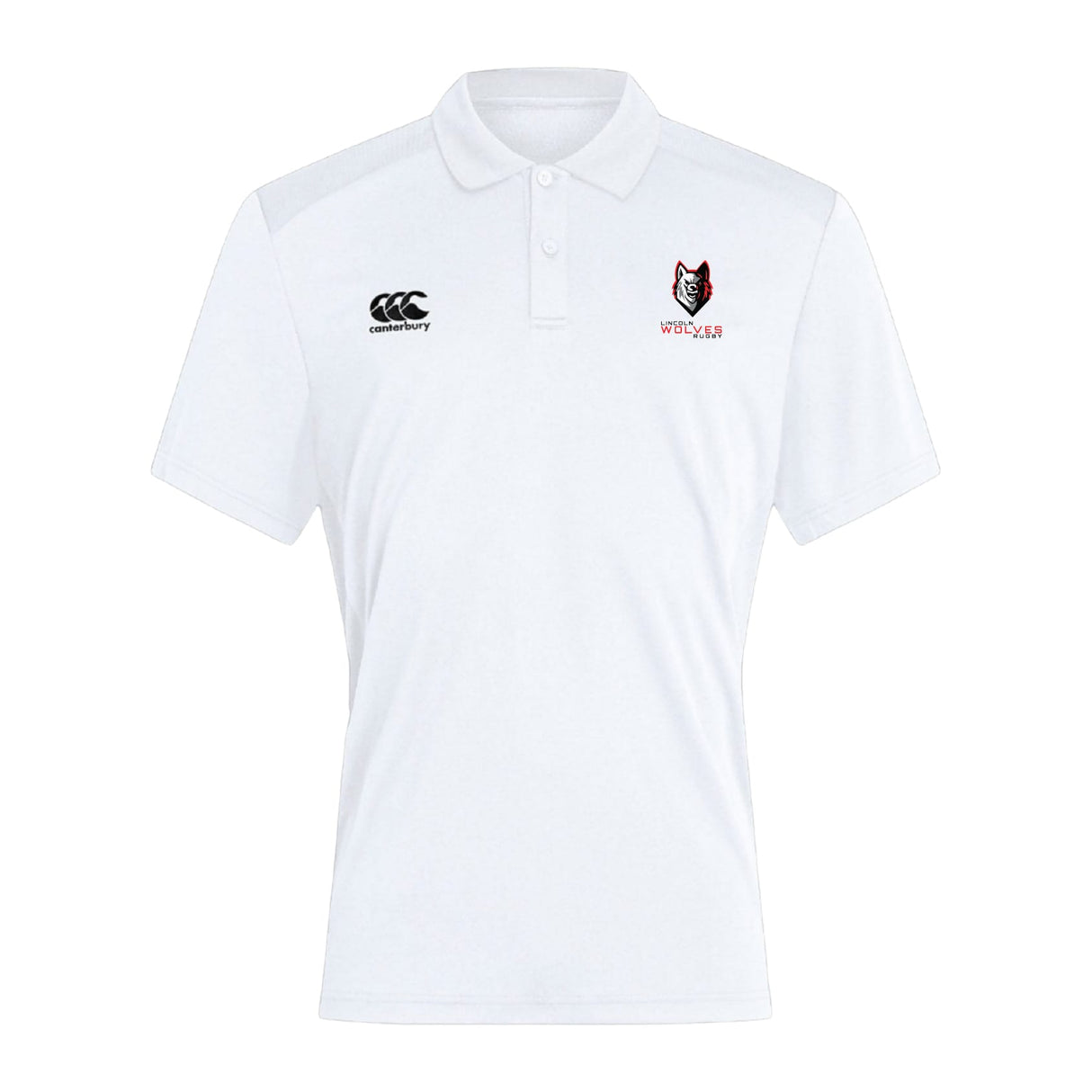 The Lincoln Wolves Club Dry Polo by EMB Canterbury is a white, short-sleeved collared polo with black "Canterbury" and "Wolfpack" chest logos, made with Vapodri tech to keep you cool and comfortable.