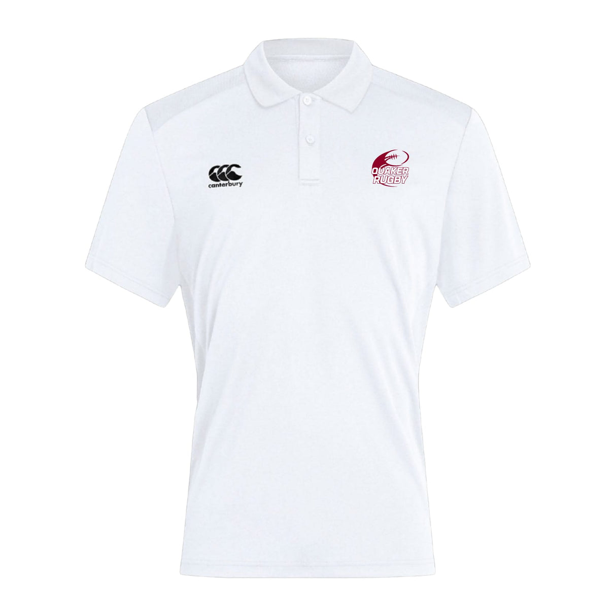 The Guilford College Club Dry Polo by EMB Canterbury is a white short-sleeve polo with a collar, Vapodri Technology for breathability, a black Canterbury logo on the right chest, and a red Osaka Rugby logo on the left chest.