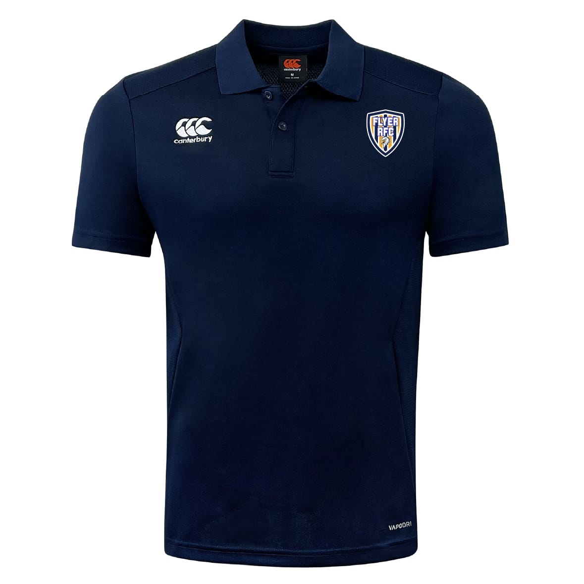 The Franklin County High School Rugby Club Dry Polo by EMB Canterbury features navy blue short sleeves, a collar with three buttons, white Canterbury logo on the right chest, Fly Emirates RFC badge on the left, and breathable Vapodri Technology.