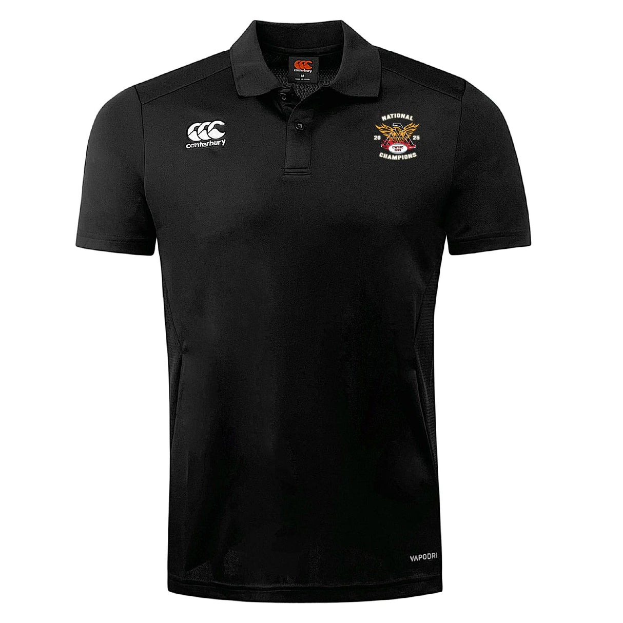 The Atlanta Old White Rugby Champs Club Dry Polo by EMB Canterbury features a breathable black design, Vapodri technology, the Canterbury logo on the right chest, and a crest with "NATIONAL CHAMPIONS" on the left.
