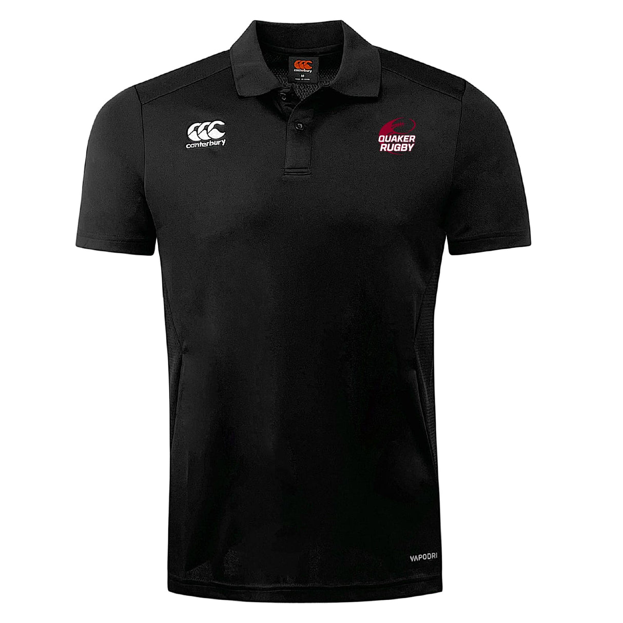 The Guilford College Club Dry Polo by EMB Canterbury is a black polo with “Canterbury” and “Quaker Rugby” chest logos, a collared button neckline, and Vapodri Technology for breathable comfort.