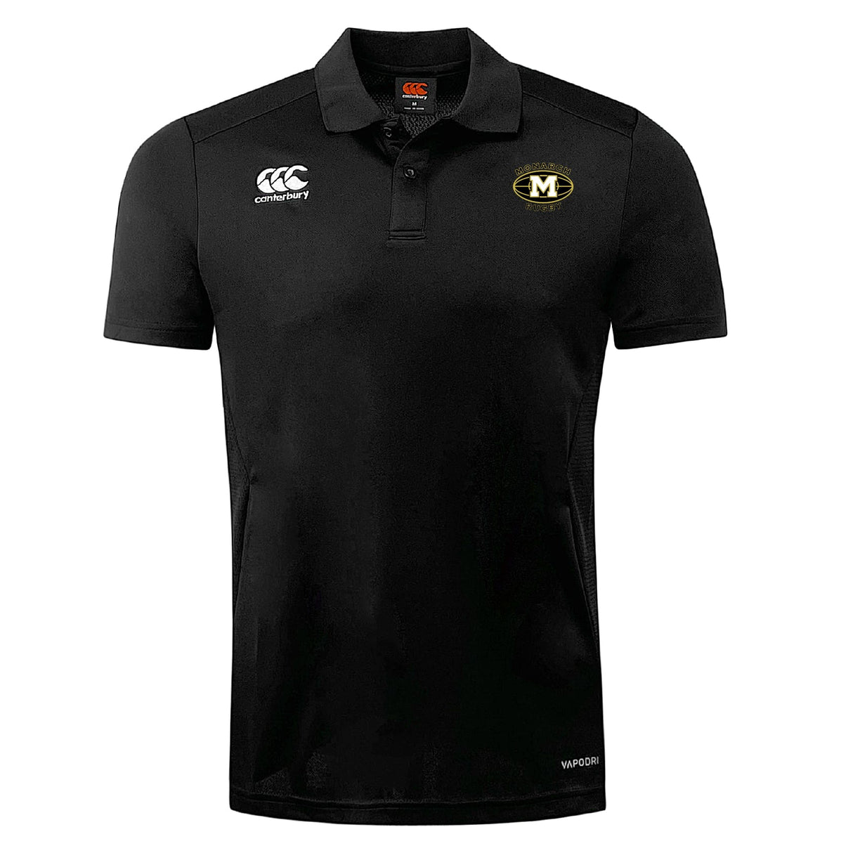 The Monarch Rugby Club Club Dry Polo by EMB Canterbury features breathable Vapodri Technology, a classic collar with button placket, the Canterbury logo on the right chest, and a gold "M" badge on the left chest.