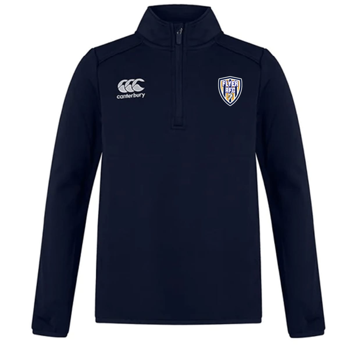 This navy blue Franklin County High School Rugby Club 1/4 zip mid layer training top by EMB Canterbury features long sleeves and logos on the chest.