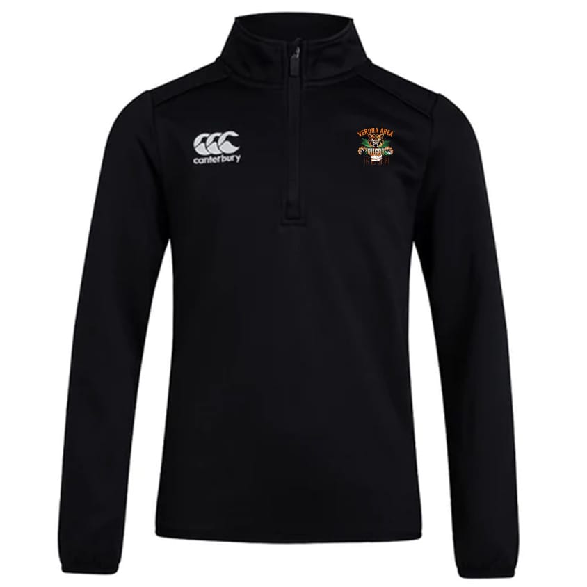 The Verona Area Rugby Club 1/4 Zip Mid Layer Training Top by Canterbury is a black fleece rugby top featuring an embroidered tiger logo and a white "CCC" chest logo from EMB Canterbury.