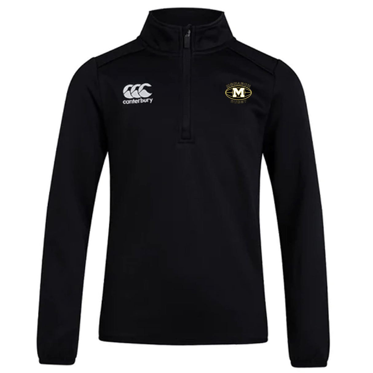 The Monarch Rugby Club 1/4 Zip Mid Layer Training Top by EMB Canterbury is a black long-sleeve training top with a Canterbury logo on the right chest and a gold and black "M" emblem, ideal for custom rugby apparel.
