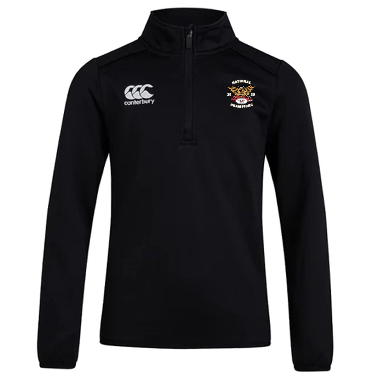 The Atlanta Old White Rugby Champs Club 1/4 Zip Mid Layer Training Top by EMB Canterbury is a black training top with the Canterbury logo on the right chest and an embroidered multicolored emblem with text on the left.
