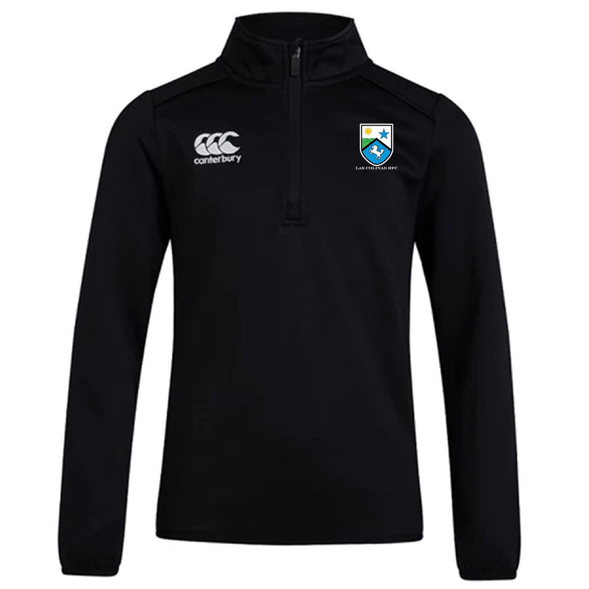 The Las Colinas Rugby Club 1/4 Zip Mid Layer Training Top by EMB Canterbury is a black long-sleeve top with the Canterbury logo on the right chest and the blue and white team crest on the left, ideal for rugby training.