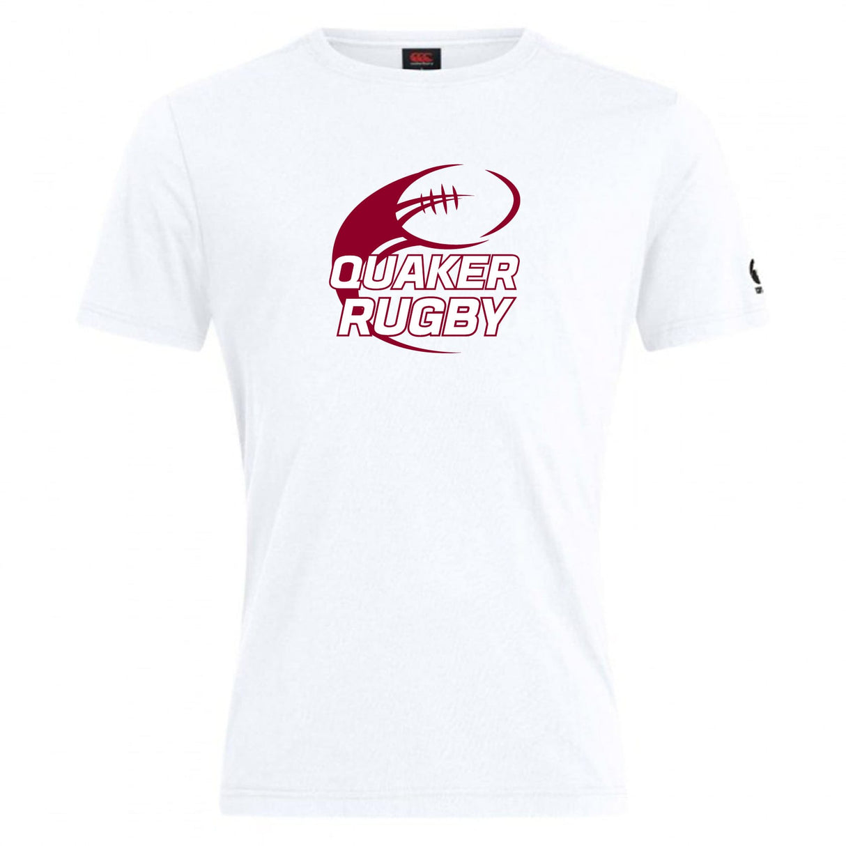 The Guilford College Club Plain Tee by WRS Canterbury is a cotton blend shirt with a maroon rugby ball graphic and "Quaker Rugby" printed on the chest.