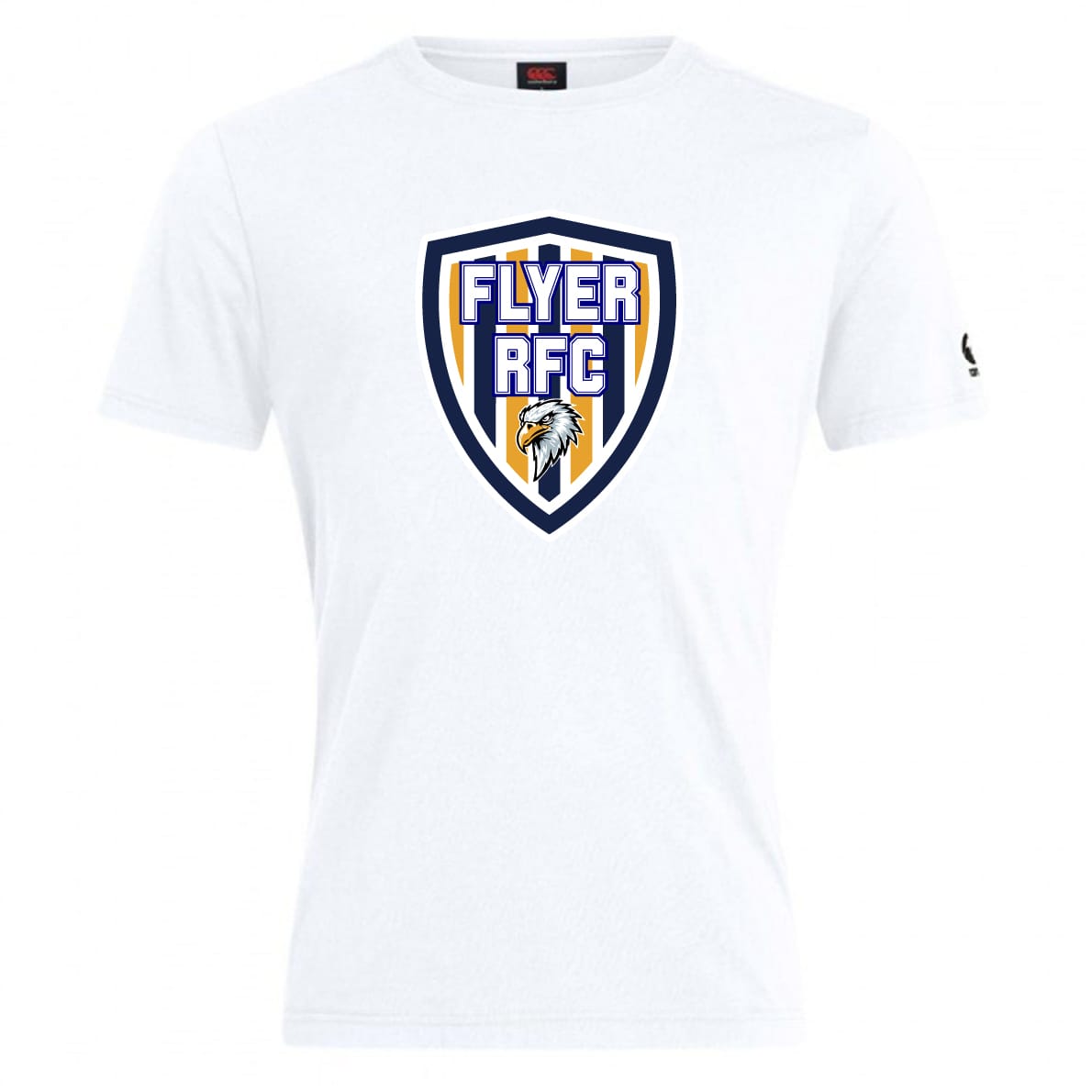 The Franklin County High School Rugby Club Plain Tee by WRS Canterbury is a white cotton blend with a large "FLYER RFC" eagle shield logo on the chest, customizable design, and a small black emblem on the left sleeve.