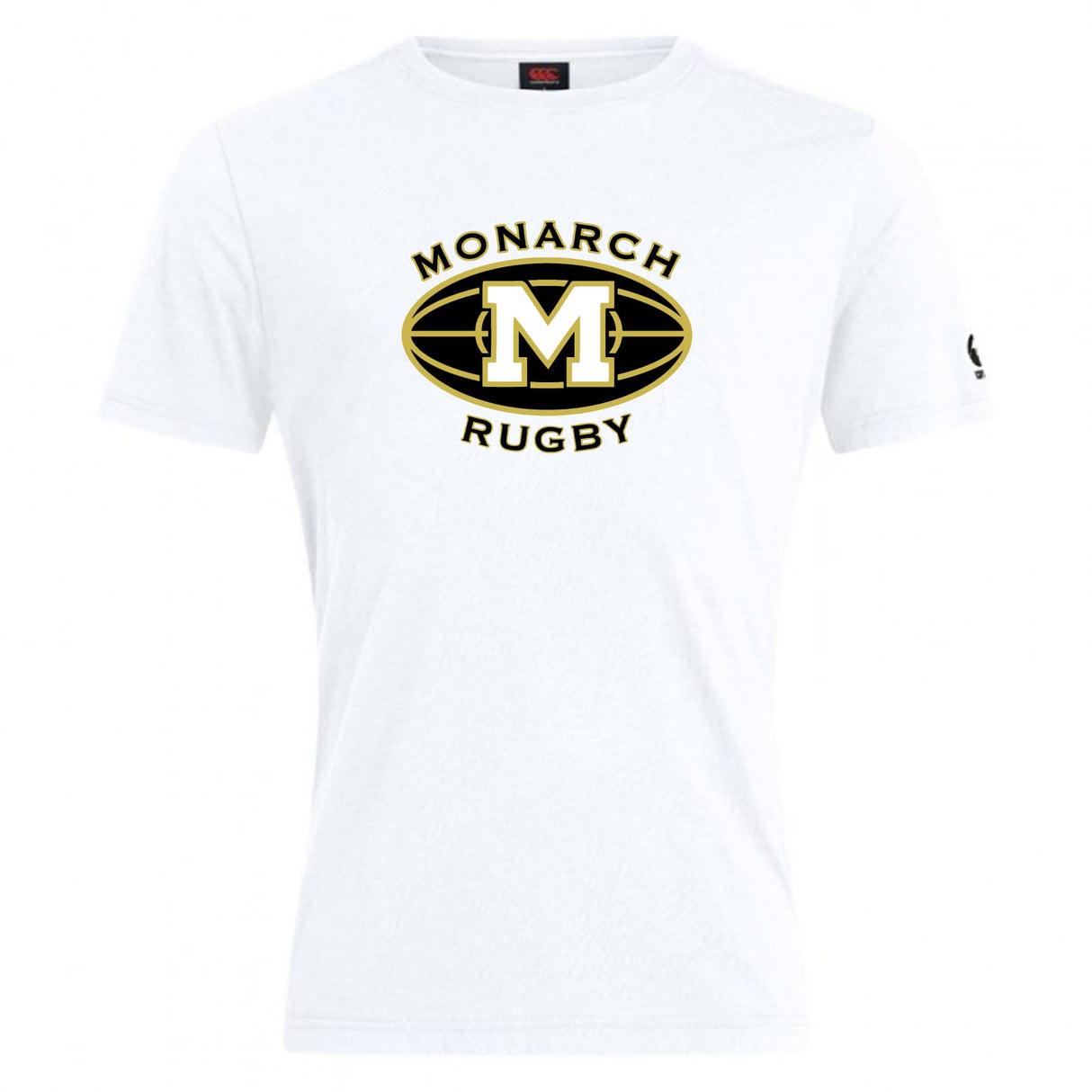 The Monarch Rugby Club Club Plain Tee by WRS Canterbury is a white cotton blend shirt featuring a black and gold oval logo with a large "M" and "Monarch Rugby" on the front, ideal as a customizable tee for fans or players.