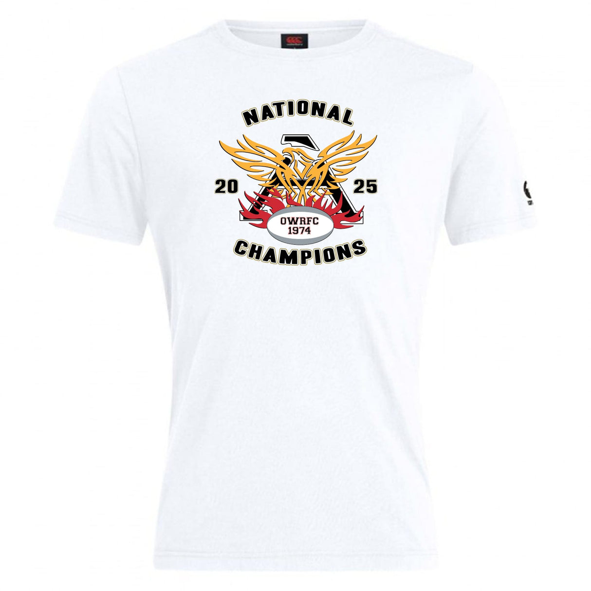 The Atlanta Old White Rugby Champs Club Plain Tee by WRS Canterbury features a "National Champions 2025 OWRFC 1974" graphic and gold, red, and black eagle design—ideal customizable wear for fans and supporters.