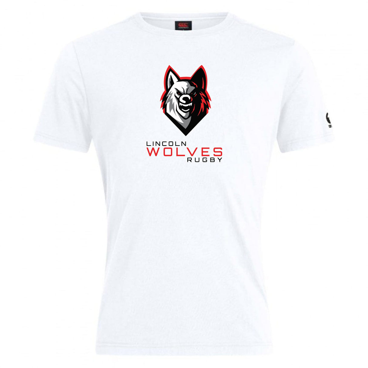 The Lincoln Wolves Club Plain Tee by WRS Canterbury is a white cotton-blend t-shirt with a stylized wolf head and "Lincoln Wolves Rugby" logo on the front. This customizable tee combines comfort and team spirit for every fan.