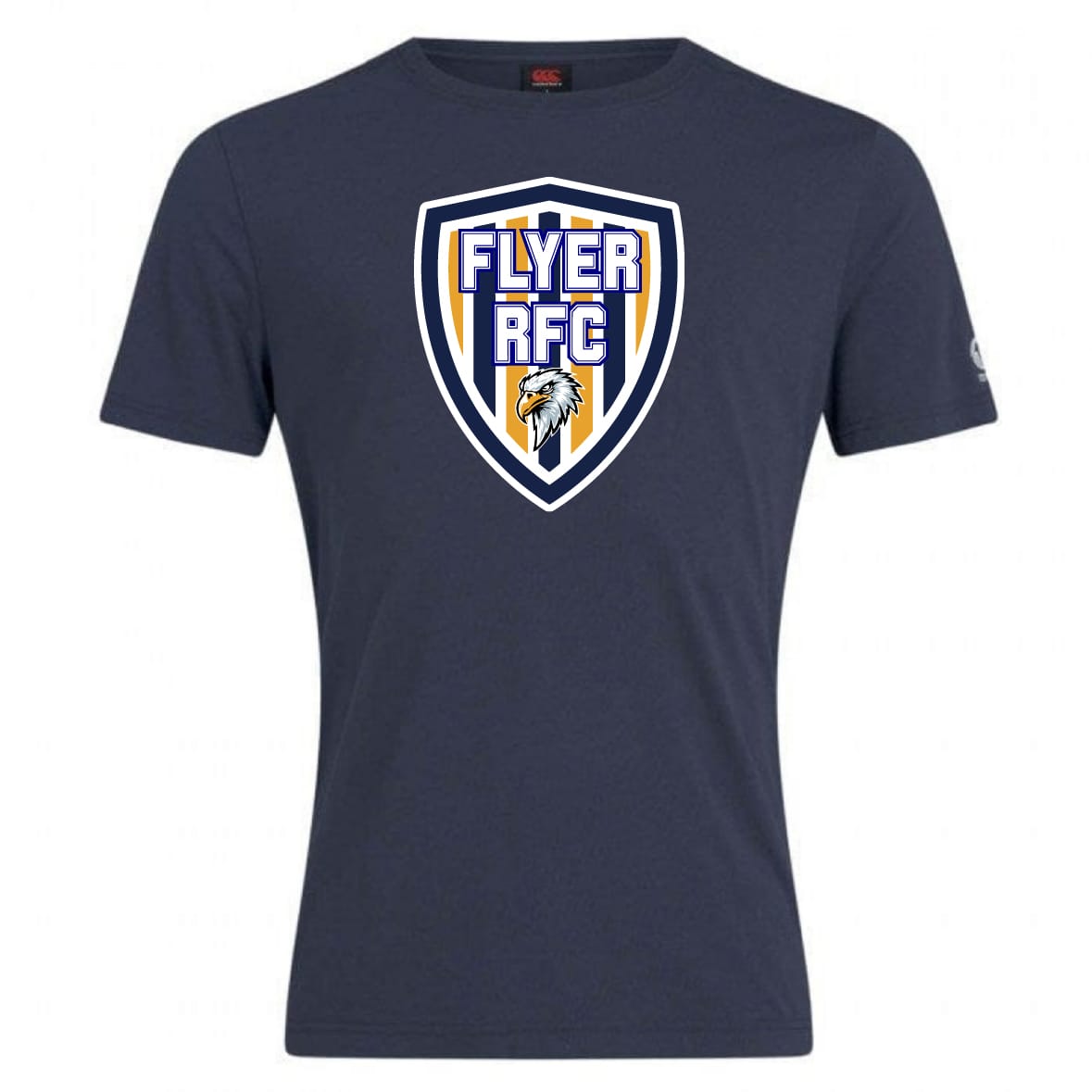 The Franklin County High School Rugby Club Plain Tee by WRS Canterbury is a navy blue cotton blend shirt featuring a large Flyer RFC shield logo with an eagle on the chest.