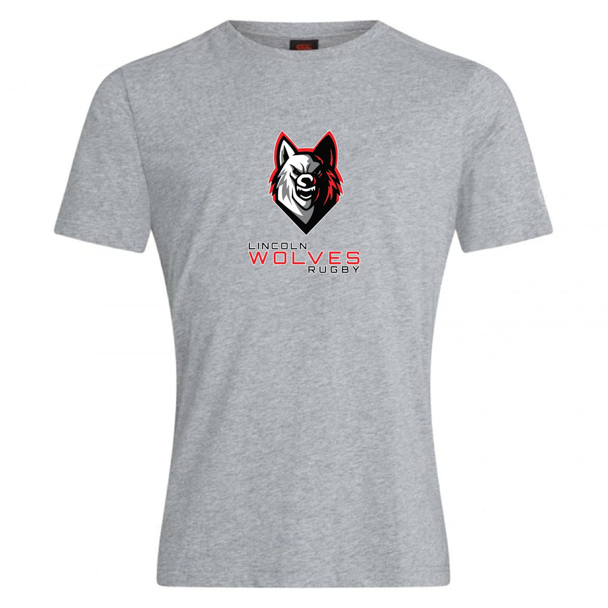 The Lincoln Wolves Club Plain Tee by WRS Canterbury is a gray cotton blend shirt featuring a wolf head graphic and "Lincoln Wolves Rugby" text in black and red on the front.