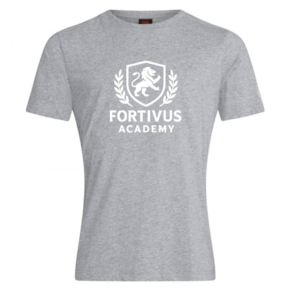 The Fortivus Academy Club Plain Tee by WRS Canterbury is a light grey cotton blend t-shirt featuring a white lion crest, laurel wreath, and "FORTIVUS ACADEMY" on the front—a stylish choice for everyday wear.
