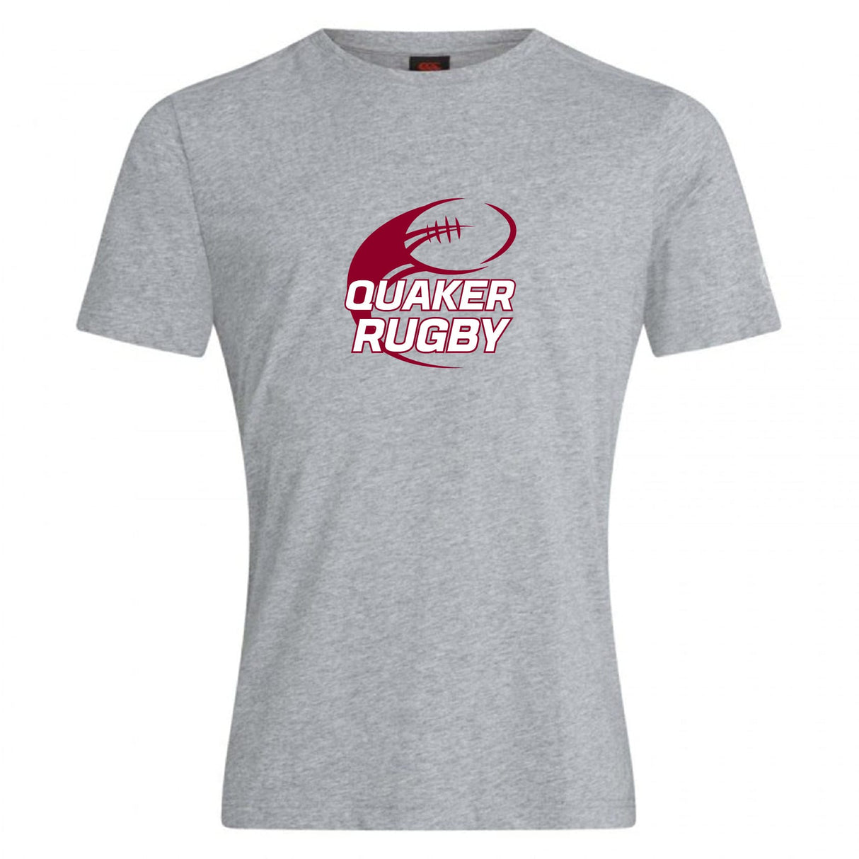 The Guilford College Club Plain Tee by WRS Canterbury is a gray short-sleeve cotton blend shirt with a maroon rugby ball graphic and "Quaker Rugby" in white and maroon on the chest.