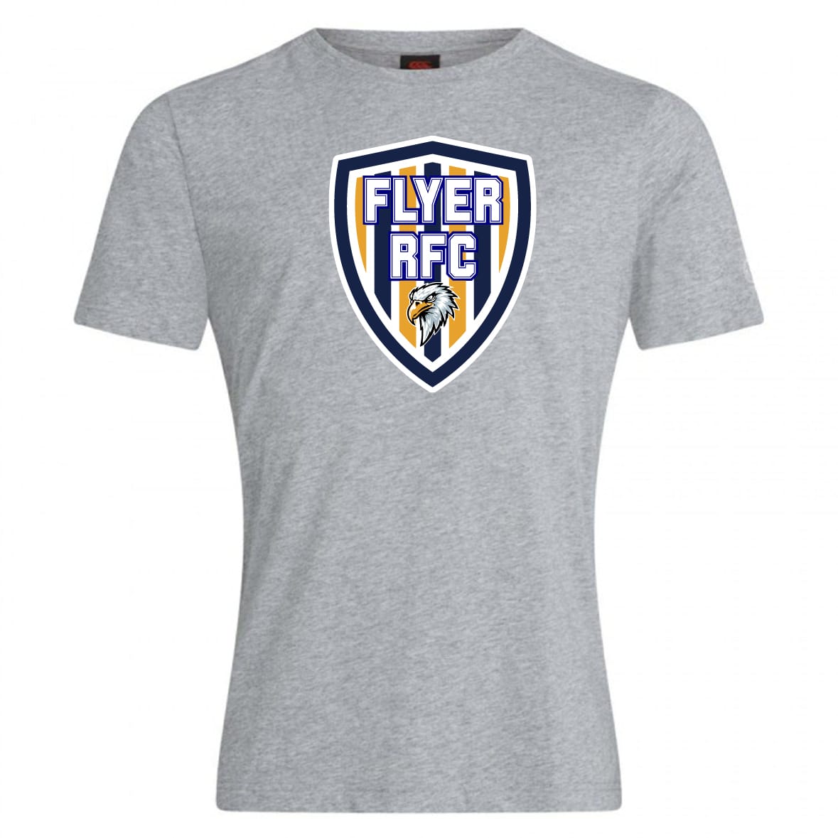 The Franklin County High School Rugby Club Plain Tee by WRS Canterbury is a light gray cotton blend shirt featuring a large, shield-shaped "FLYER RFC" logo with an eagle on the chest.