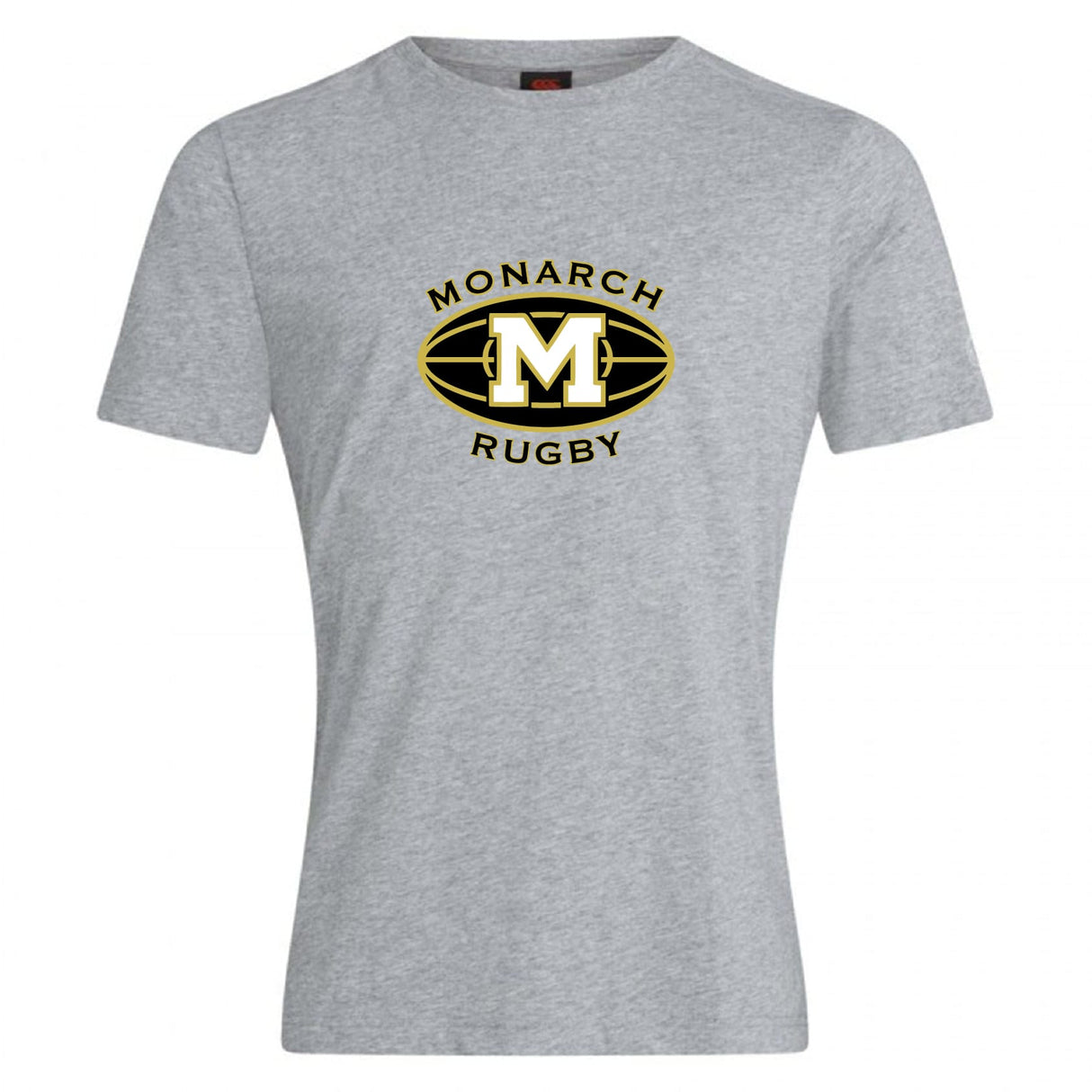 The Monarch Rugby Club Plain Tee by WRS Canterbury is a gray cotton-blend shirt featuring a black and gold “Monarch Rugby” logo with a large “M” in an oval rugby-ball design at the chest—a stylish customizable option for fans.