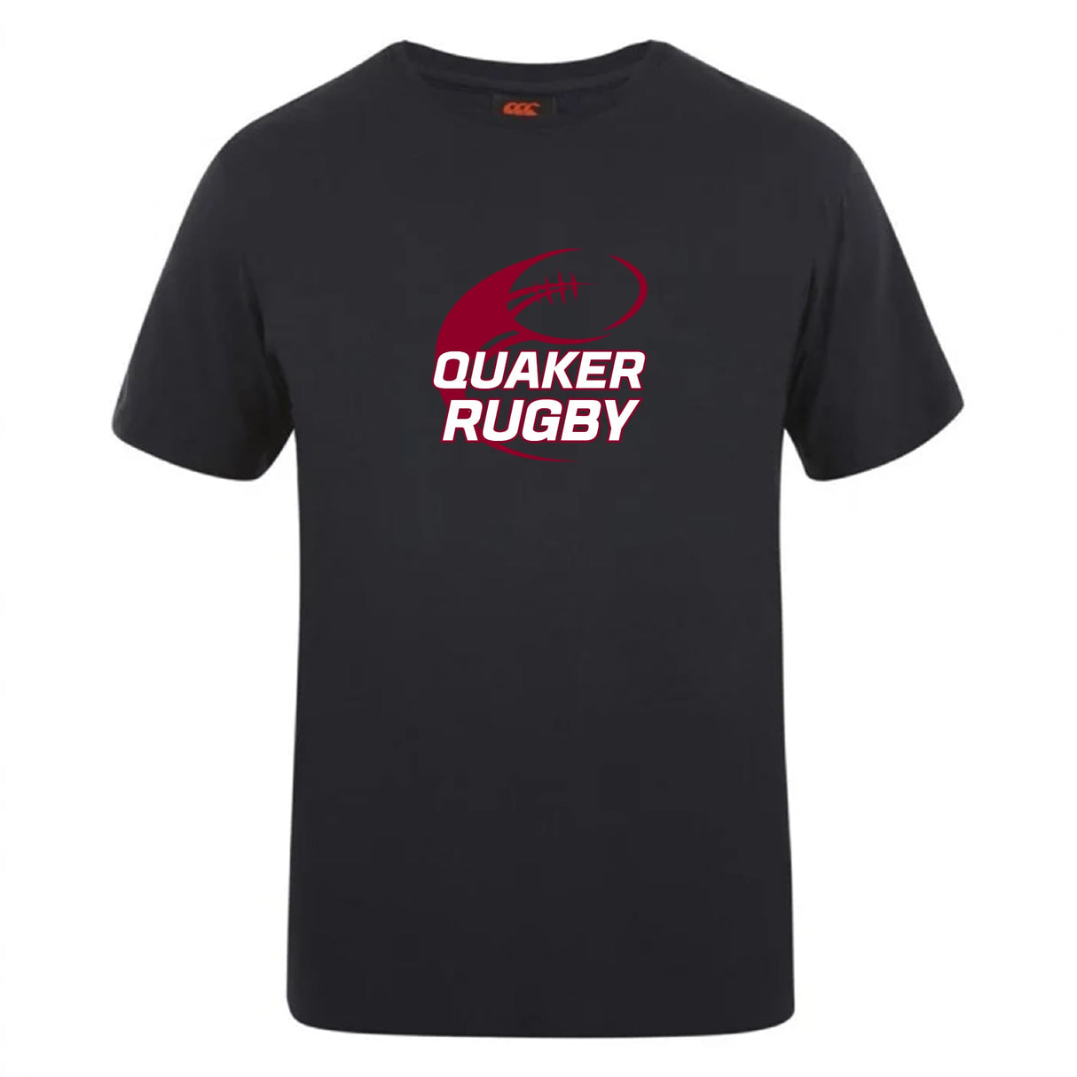 The Guilford College Club Plain Tee by WRS Canterbury is a black cotton-blend shirt with a maroon rugby ball graphic and "Quaker Rugby" in white on the front.