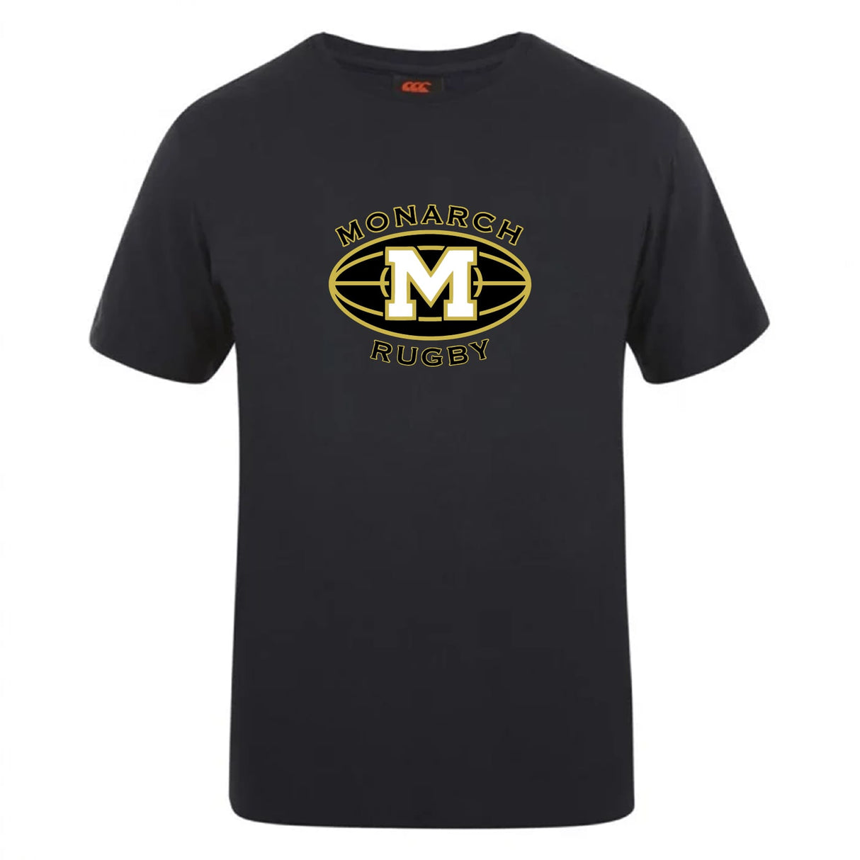 The Monarch Rugby Club Plain Tee by WRS Canterbury is a black cotton-blend T-shirt featuring a yellow and white "Monarch Rugby" logo with a large M inside an oval on the front.