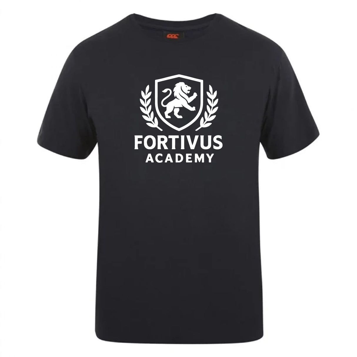 The Fortivus Academy Club Plain Tee by WRS Canterbury is a black cotton blend t-shirt featuring a white lion crest logo and "FORTIVUS ACADEMY" on the front. This customizable tee combines comfort and style for any occasion.