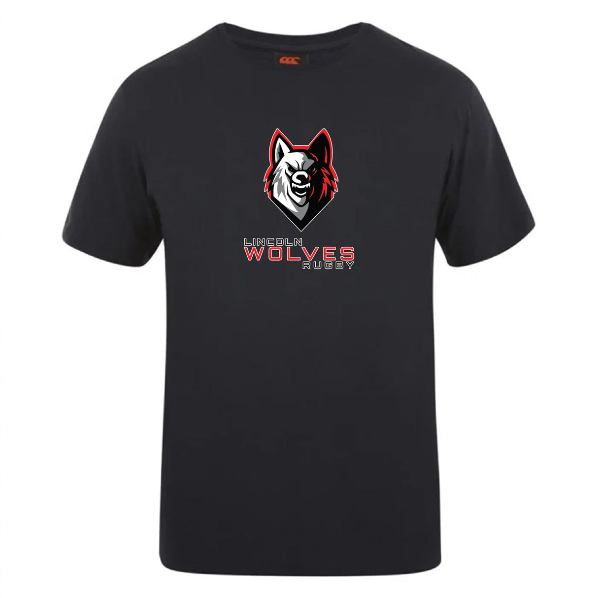 The Lincoln Wolves Club Plain Tee by WRS Canterbury is a black cotton blend shirt featuring a stylized wolf head logo above "Lincoln Wolves Rugby" in red and white.