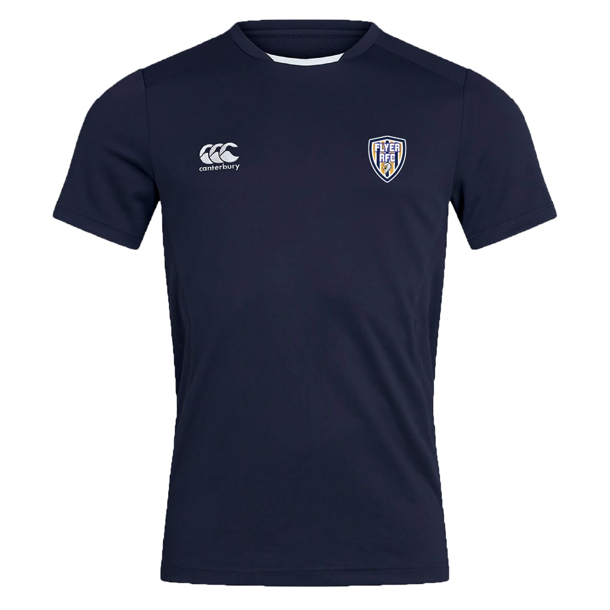 The Franklin County High School Rugby Club Dry Tee by EMB Canterbury is a navy short-sleeve Vapodri sports jersey with "Canterbury" on the right chest and "Flyen RFC" badge on the left, designed for breathability.