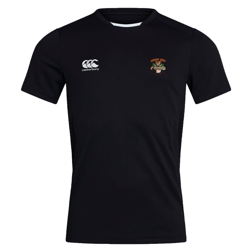 The Verona Area Rugby Club Dry Tee by EMB Canterbury is a black short-sleeve featuring the logo on the left chest and a crest on the right. Enhanced with Vapodri Technology for superior comfort, it includes zoned mesh panelling for optimized breathability.