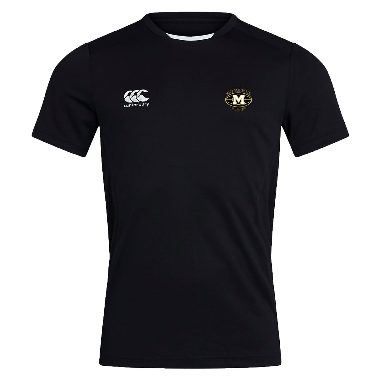 The Monarch Rugby Club Club Dry Tee by EMB Canterbury is a black, short-sleeved shirt with Vapodri Technology for breathability, a white Canterbury logo on the right chest, and a gold and black "M" emblem on the left.